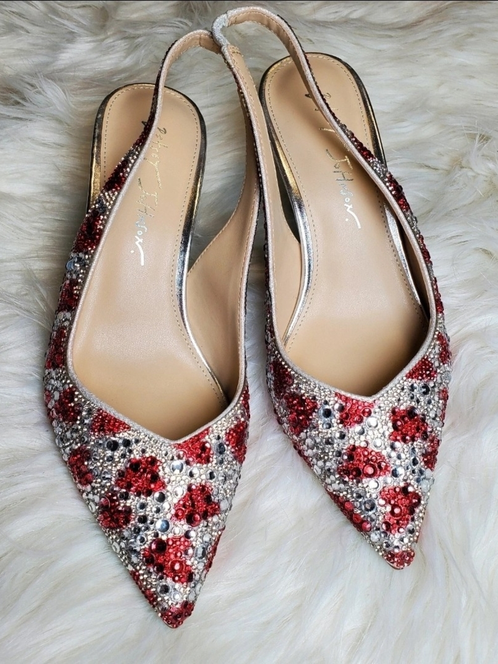 Betsey Johnson Red and Silver Crystal Slingback Pumps